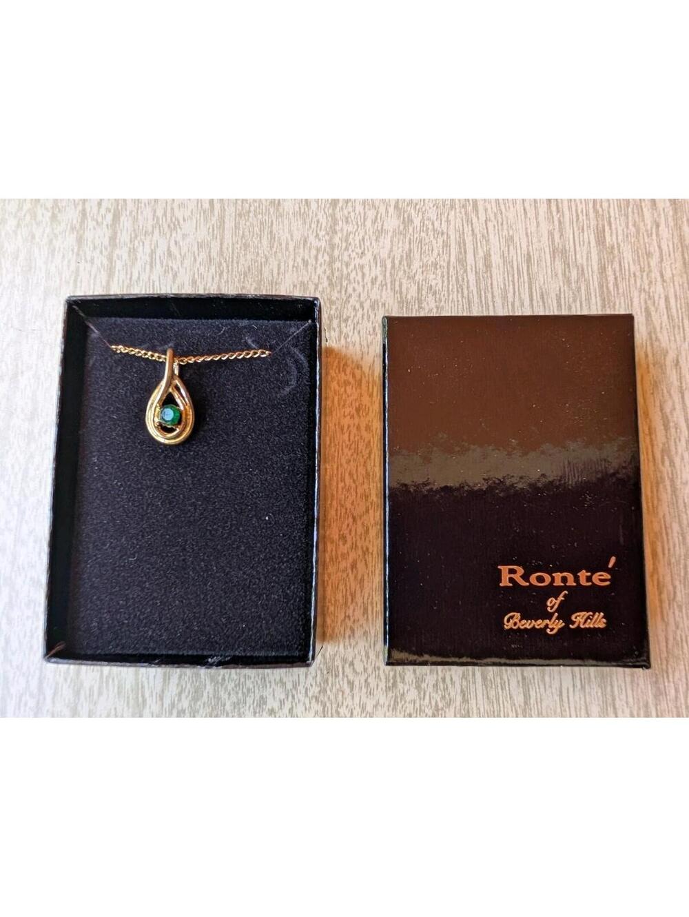 Vintage Emerald Pendant Necklace Gold Tone Rone Beverly Hills w/ Box